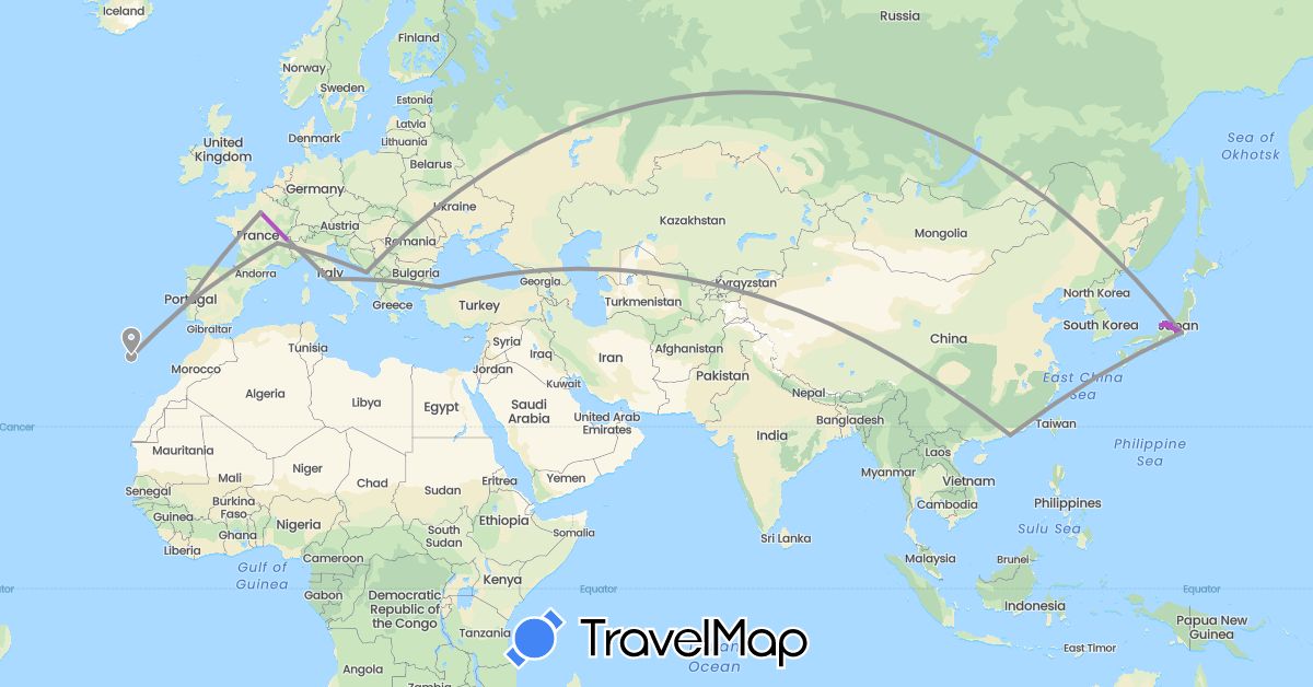 TravelMap itinerary: driving, plane, train in Switzerland, China, France, Croatia, Italy, Japan, Portugal, Turkey (Asia, Europe)